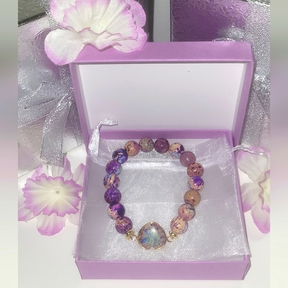 Bracelet Purple Heart Bracelet Jasper Beaded Bracelet Christmas Gift Ready - Picture 8 of 8